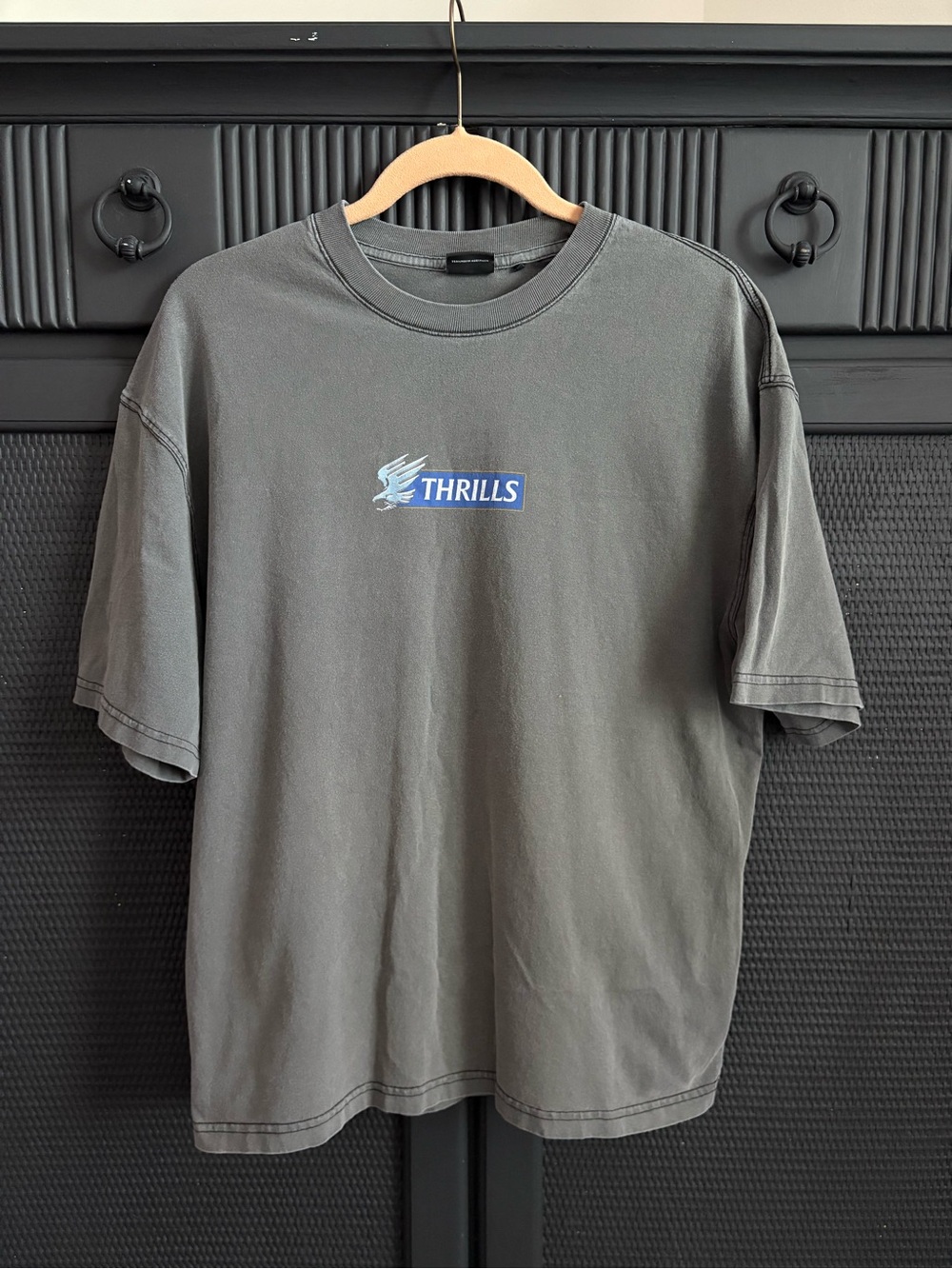Thrills Gray Short-Sleeve Logo Oversized Tee with Blue Chest Emblem